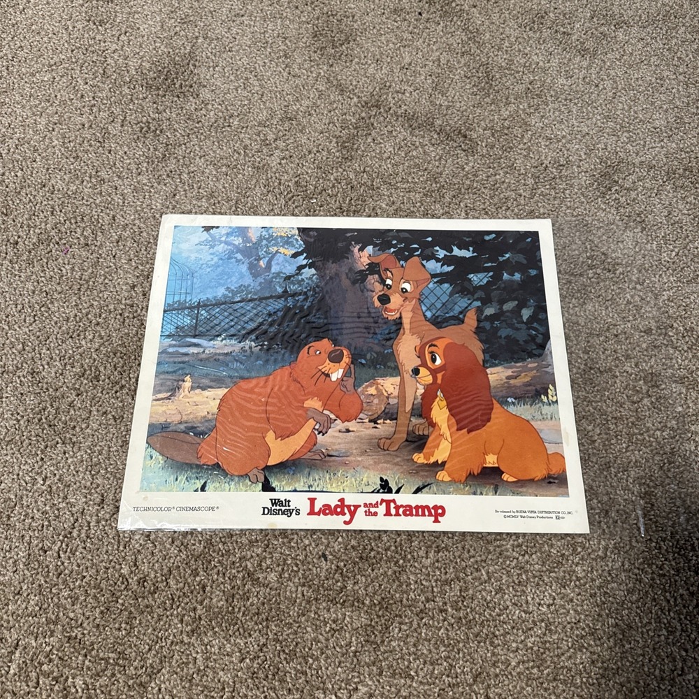 1962 Lobby Card Poster Stock Lady And The Tramp Disney Animated Beaver Vintage